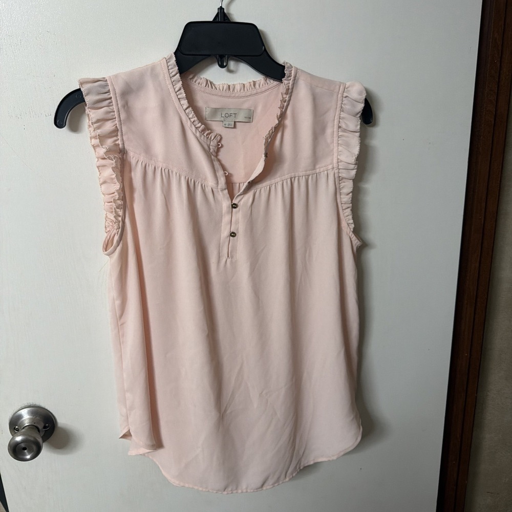 LOFT Soft Pink Button-Up Shirt Sleeveless Ruffle - Size M Petite